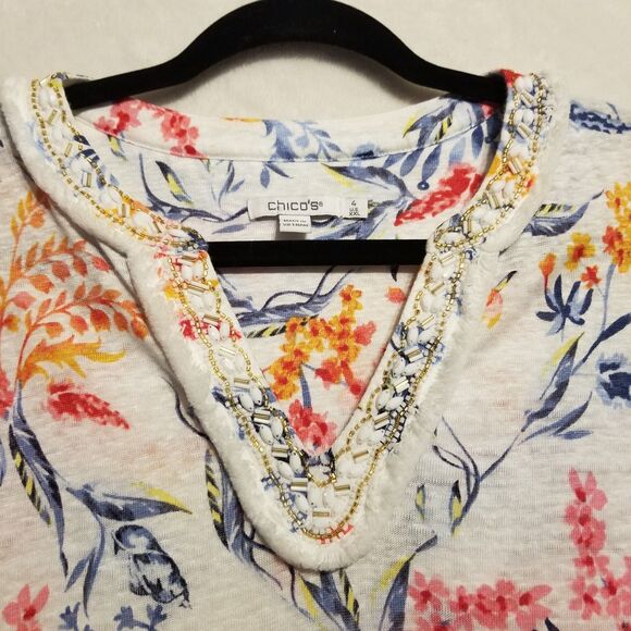 Chico's 4 (XXL) Top 100% Linen Knit Floral Tunic Beaded Fringe Beach Coastal - Picture 4 of 8